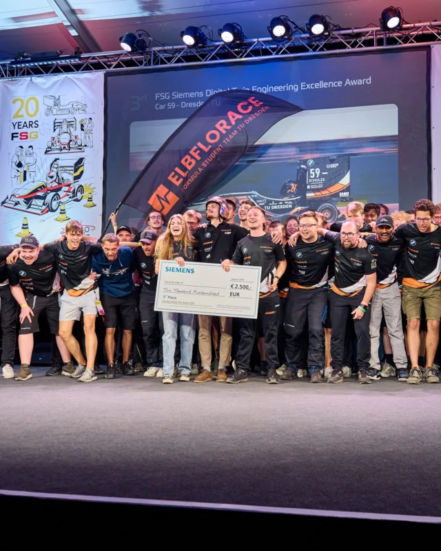 FORMULA STUDENT GERMANY 2025 🇩🇪 / DAY 6

After a strong Friday, we moved on to the next dynamic disciplines on Saturday. 
The first challenge of the day was the DV Trackdrive, which we completed for the first time in our team’s history at FSG. 🎉

After that, the focus shifted to the EV AutoX on this iconic track. In our first attempt, we managed to post two successful runs with solid times. Unfortunately, we weren’t able to complete our last two runs due to electrical issues. 

In the evening, at the Award Ceremony Part 1, we picked up the trophy for 1st place in EV Acceleration.🥇
Furthermore, we achieved 3rd place in the Siemens Digital Twin Award. 🥉🥳💻

Our alumni car LottE made her final appearance at FSG in the Historic AutoX and delivered a great performance. 🤗

FORMULA STUDENT GERMANY 2025 🇩🇪 / TAG 6

Nach einem starken Freitag, ging es für uns mit den dynamischen Disziplinen weiter. Die erste Herausforderung des Tages war der DV Trackdrive, den wir zum ersten Mal in unserer Vereinsgeschichte bei FSG erfolgreich durchfahren konnten. 🎉

Danach ging es an die Vorbereitungen für den EV AutoX auf dieser besonderen Strecke. In unserem ersten Anlauf konnten wir zwei Runs mit soliden Zeiten beenden. Unglücklicherweise konnten wir unsere zwei letzten Versuche aufgrund von elektrischen Problemen nicht beenden.

Am Abend stand die FSG Award Ceremony Part 1 auf dem Plan, bei der wir uns unsere Trophäe für P1 im gestrigen EV-Acceleration holen konnten.🥇
Außerdem erreichten wir den 3. Platz beim Siemens Digital Twin Award. 🥉🥳💻

Unser Alumni Auto LottE hatte heute beim Historic AutoX ihren letzten Auftritt bei FSG und bot dabei eine tolle Show. 🤗

#ELBFLORACE #FormulaStudent #Engineering
#20yearsofFSG #UnitedByPassion