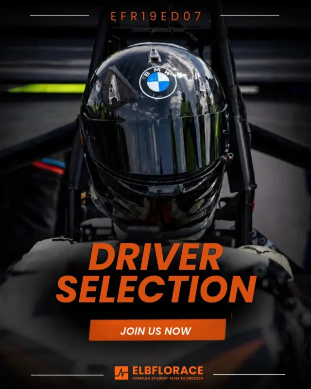 You want to become a racecar driver? Here’s your chance! Join us as a driver and race our cars around the track 🏁
Apply now via the link in our bio and have a look at our LinkedIn Post for further information 🧡

#ELBFLORACE #FormulaStudent #Engineering